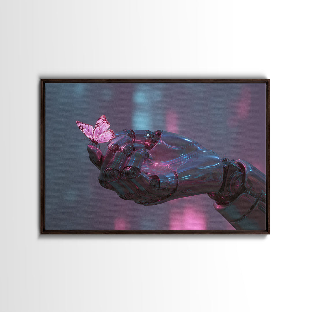 Robotic Hand Holding a Delicate Butterfly Canvas Print, Futuristic Art, Digital Poster, Living Room Decor, Fine Art, Future, FUT-3x2-84