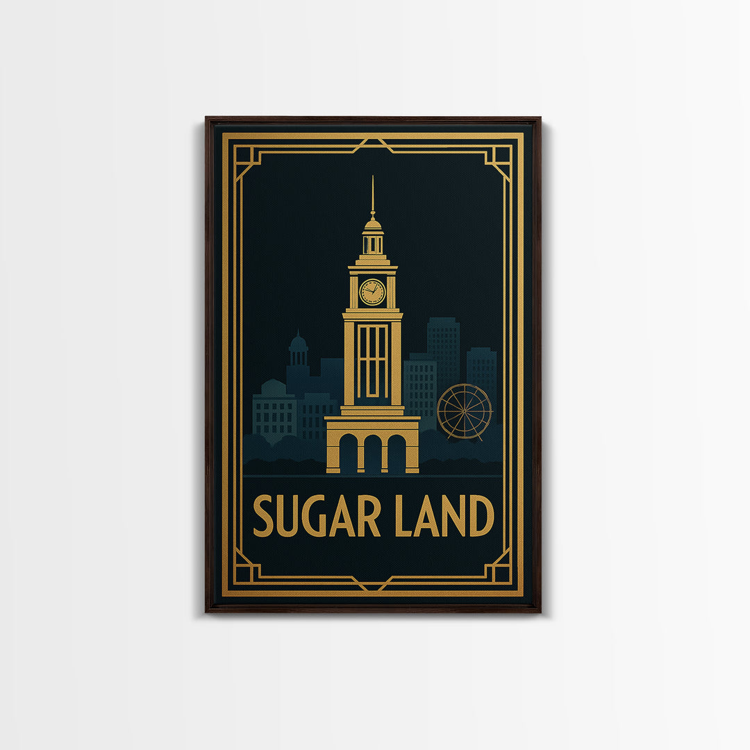 Sugar Land Travel Poster, Canvas Print, Black Gold City Wall Art, Sugar Land Art Print, Retro Travel Print, Watercolor Downtown Skyline
