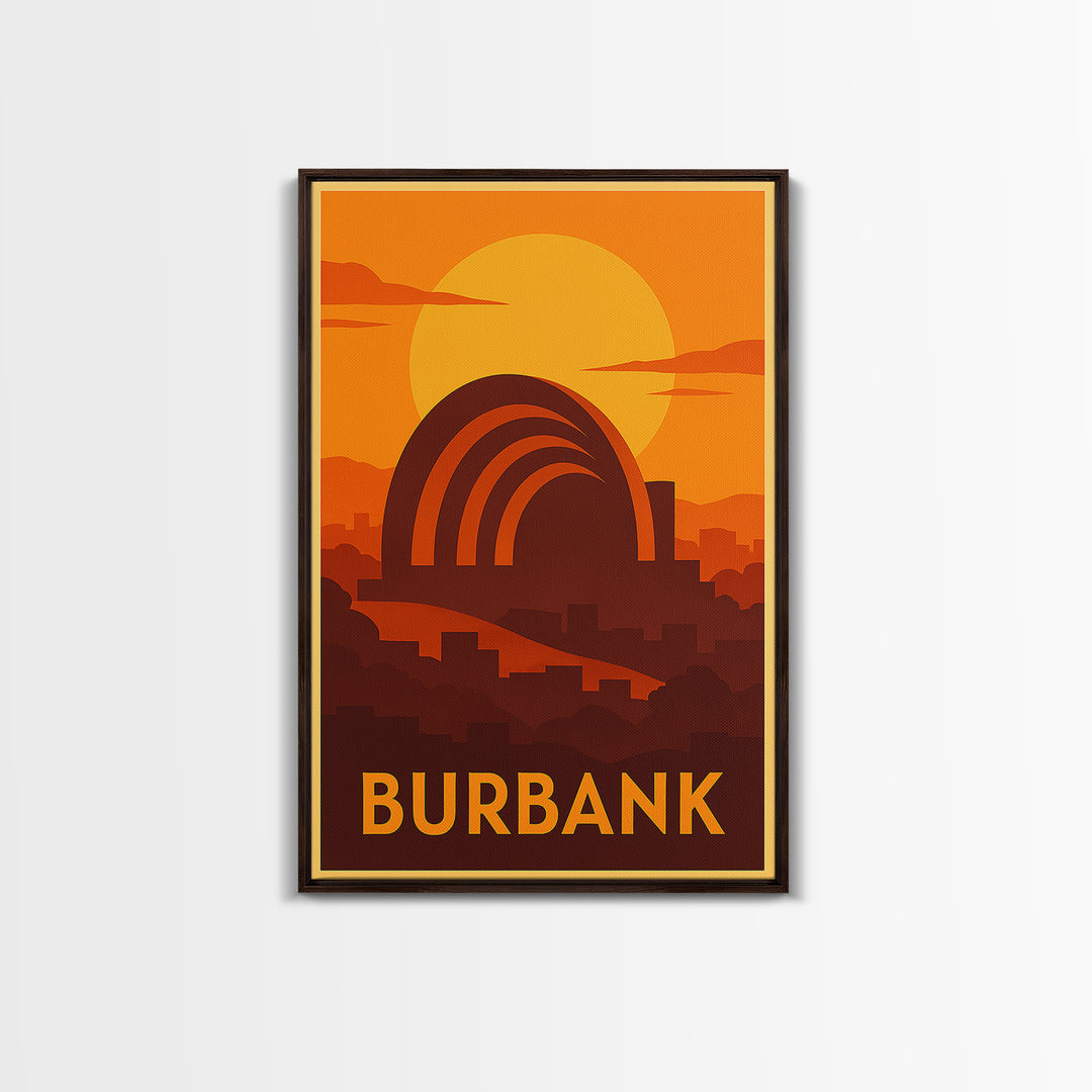 Burbank Travel Poster, Canvas Print, Warm Sunset Silhouette Art, Burbank Wall Art, Mid Century Wall Art, Vintage Travel Print, Design 2