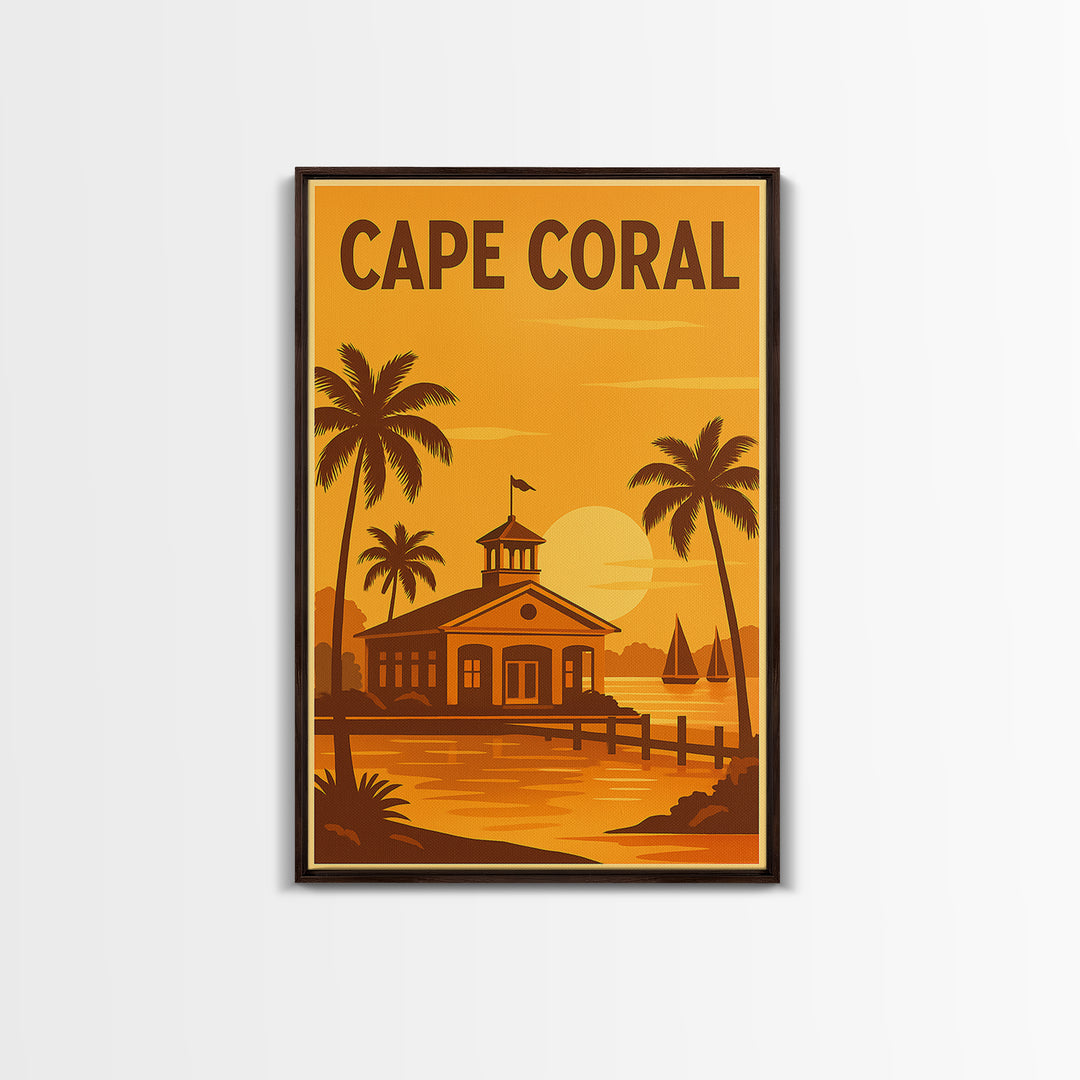 Cape Coral Florida Travel Poster, Framed Canvas Print, Golden Travel Poster Art, Cape Coral City Art, Wanderlust Decor, Eclectic Wall Decor