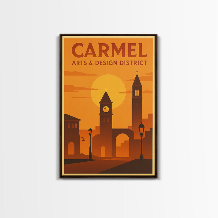 Carmel Indiana Travel Poster, Canvas Print, Warm Sunset Silhouette Art, Carmel Art Print, Fine Art Print, Wall Decor, Travel Poster Set