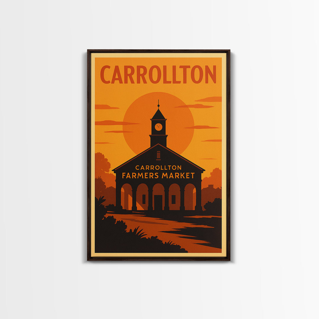 Carrollton Texas Travel Poster, Framed Canvas Print, Golden Travel Poster Art, Carrollton City Art, Home Office Decor, Retro Travel Print