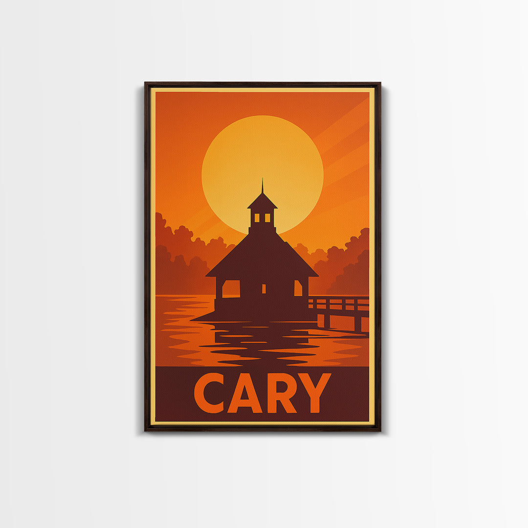 Cary Travel Poster, Framed Canvas Print, Golden Travel Poster Art, Cary City Art, City Travel Prints, Retro Travel Print, City Art Print