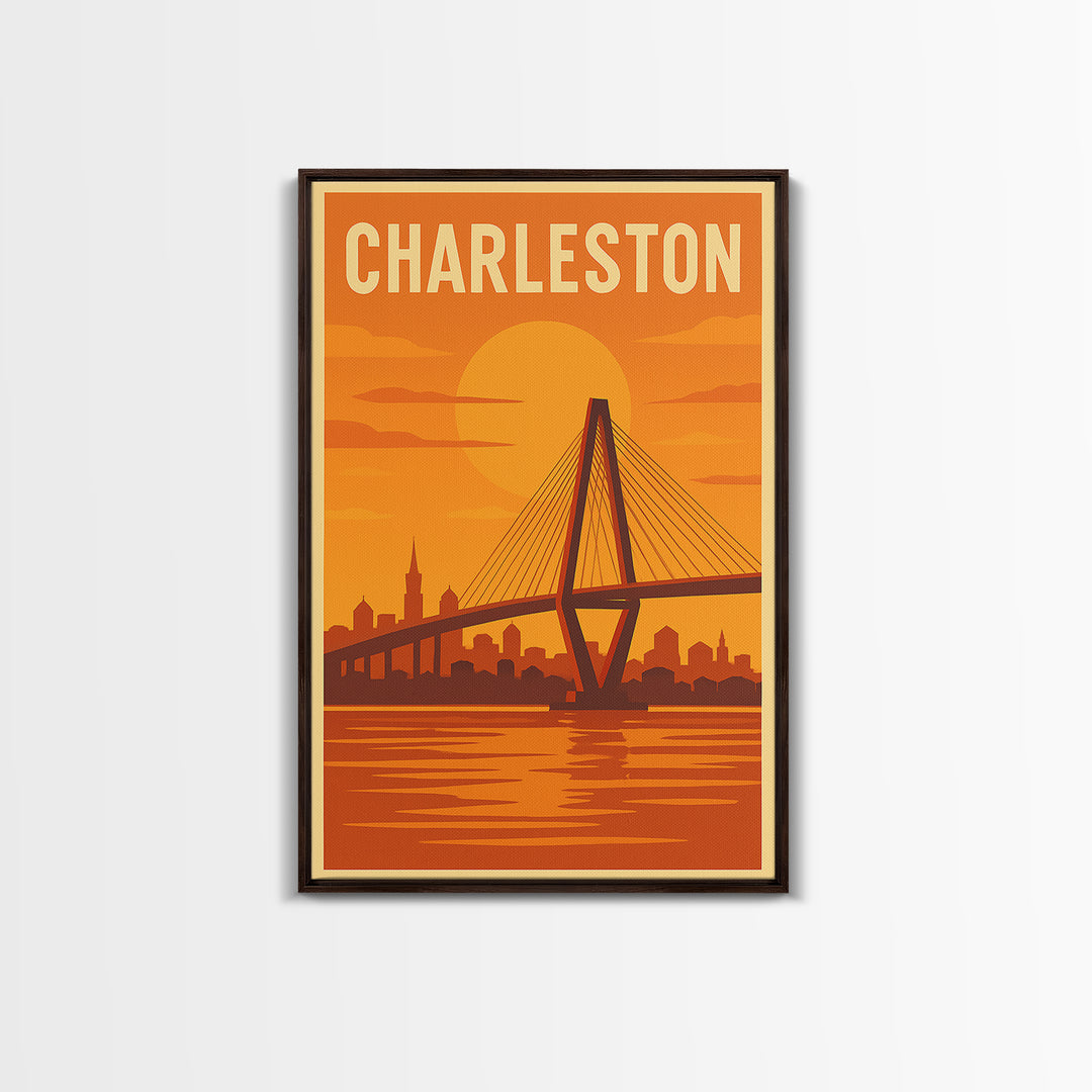 Charleston South Carolina Travel Poster, Canvas Print, Warm Sunset Silhouette Art, Charleston City Art, Fine Art Print, Travel Poster Art
