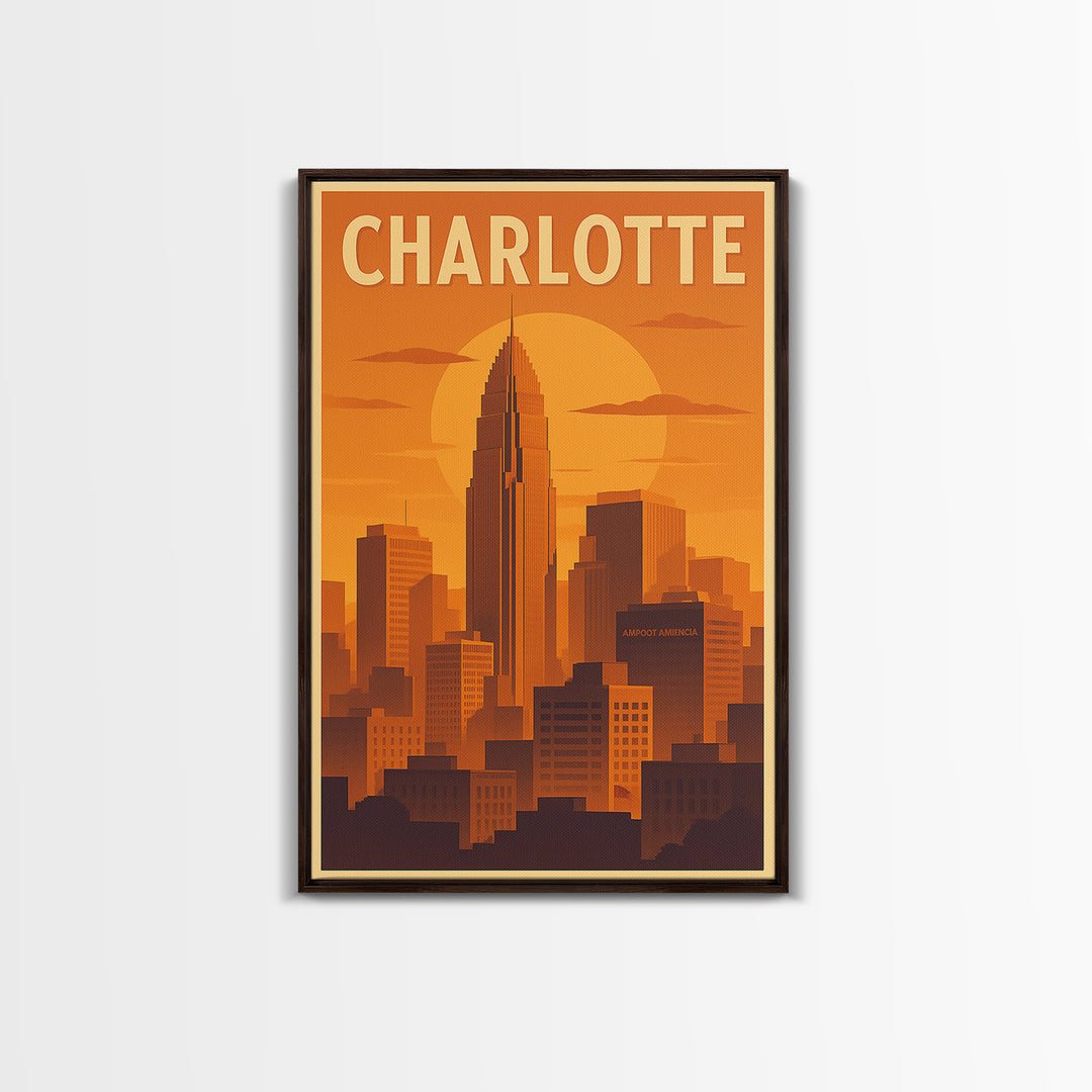 Charlotte North Carolina Travel Poster, Canvas Print, Gold Art Deco Poster Art, Charlotte Travel Art, Eclectic Wall Decor, Travel Wall Art
