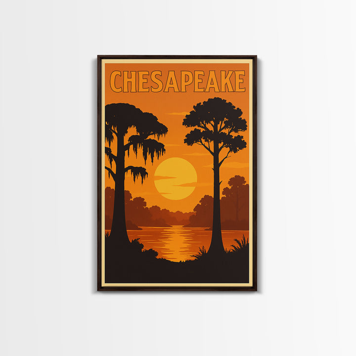 Chesapeake Virginia Travel Poster, Canvas Print, Warm Sunset Silhouette Art, Chesapeake Wall Art, City Travel Prints, Vintage City Poster