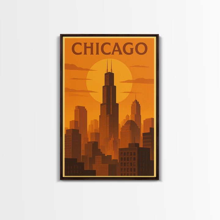 Chicago Illinois Travel Poster, Canvas Print, Warm Sunset Silhouette Art, Chicago Poster Print, Travel Print, Travel Wall Art, Home Decor