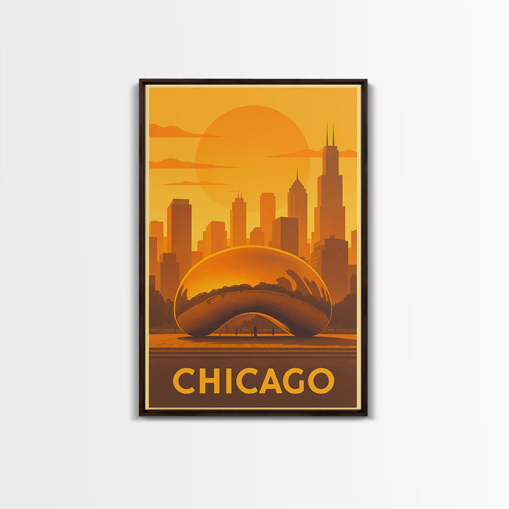 Chicago Travel Poster, Framed Canvas Print, Warm Sunset Silhouette Art, Chicago Poster Print, Modern Wall Decor, Travel Wall Decor