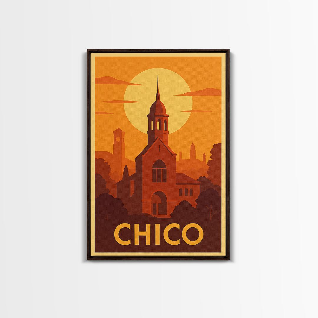 Chico Travel Poster, Framed Canvas Print, Vintage Deco Wall Art, Chico Poster Print, Gift For Travelers, City Illustration, Retro Poster