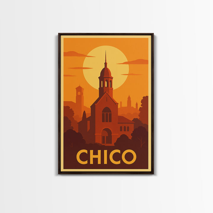 Chico Travel Poster, Framed Canvas Print, Vintage Deco Wall Art, Chico Poster Print, Gift For Travelers, City Illustration, Retro Poster