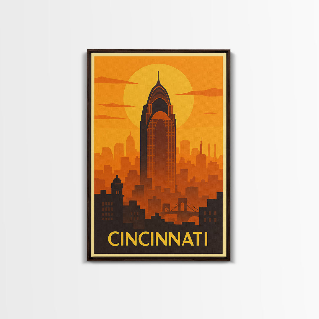 Cincinnati Travel Poster, Framed Canvas Print, Warm Sunset Silhouette Art, Cincinnati Art Print, Retro Travel Print, Gift For Travelers