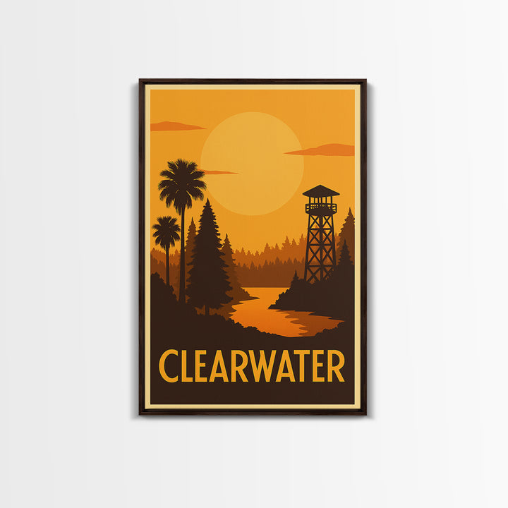 Clearwater Travel Poster, Framed Canvas Print, Golden Travel Poster Art, Clearwater City Art, City Travel Prints, Travel Poster Art