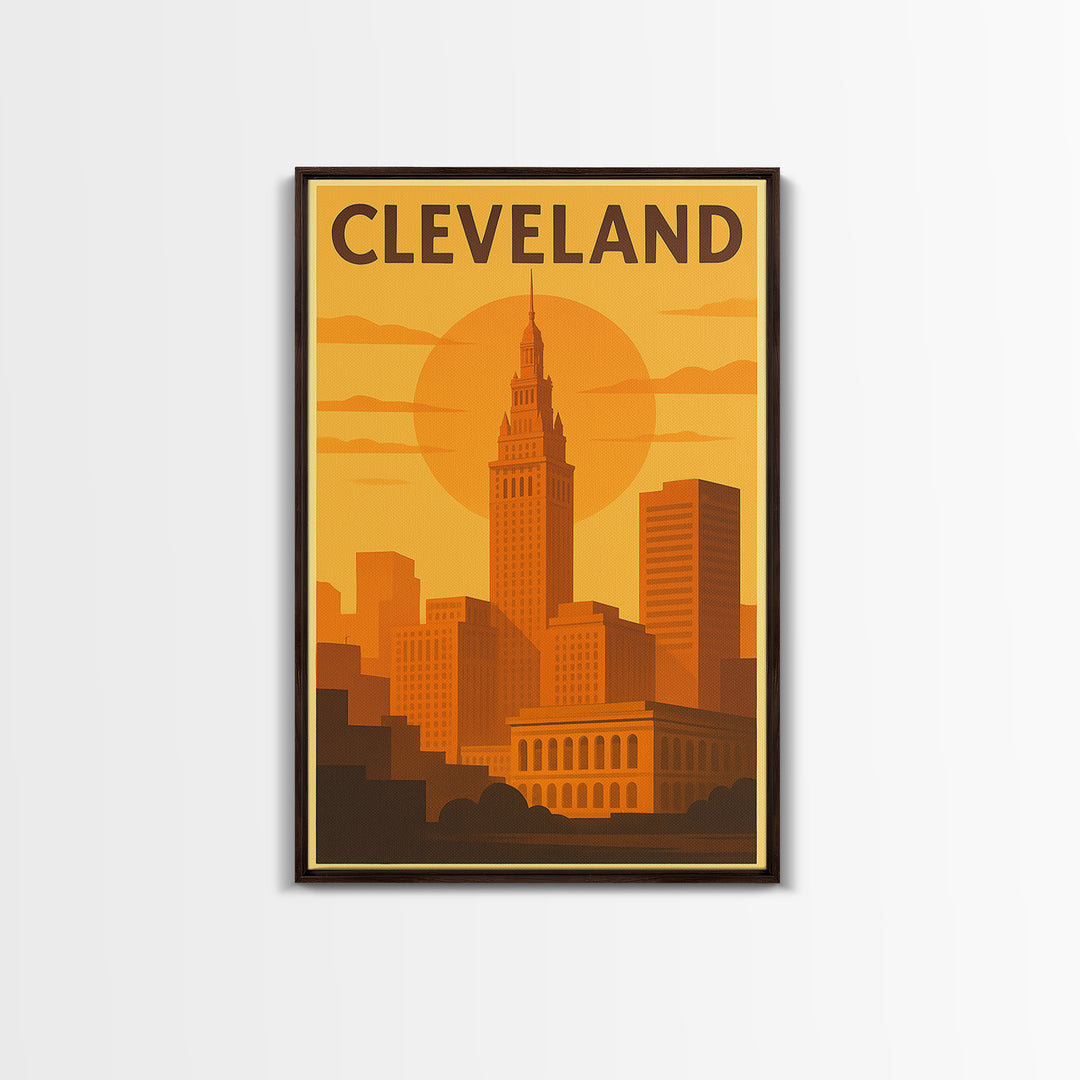 Cleveland Ohio Travel Poster, Framed Canvas Print, Golden Travel Poster Art, Cleveland Travel Art, Modern Wall Decor, Travel Poster Art