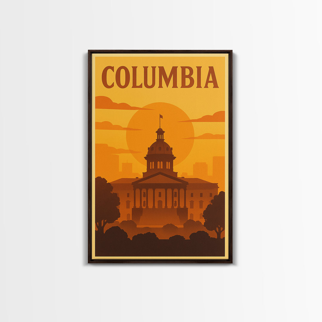 Columbia South Carolina Travel Poster, Canvas Print, Warm Sunset Silhouette Art, Columbia Poster Print, Wall Decor, Watercolor Cityscape