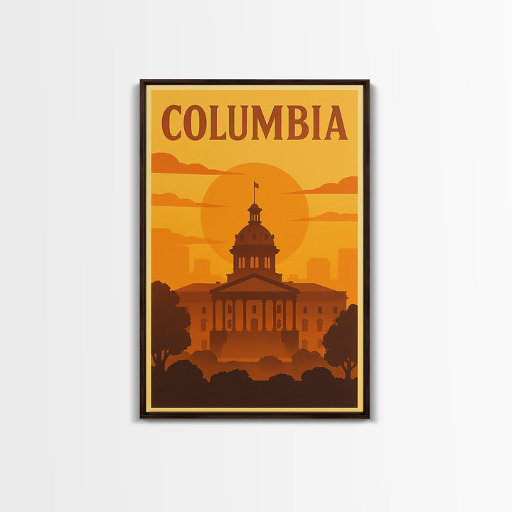Columbia South Carolina Travel Poster, Canvas Print, Warm Sunset Silhouette Art, Columbia Poster Print, Wall Decor, Watercolor Cityscape
