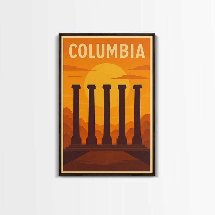 Columbia Travel Poster, Framed Canvas Print, Gold Art Deco Poster Art, Columbia Travel Art, Vintage Travel Art, Travel Art Print