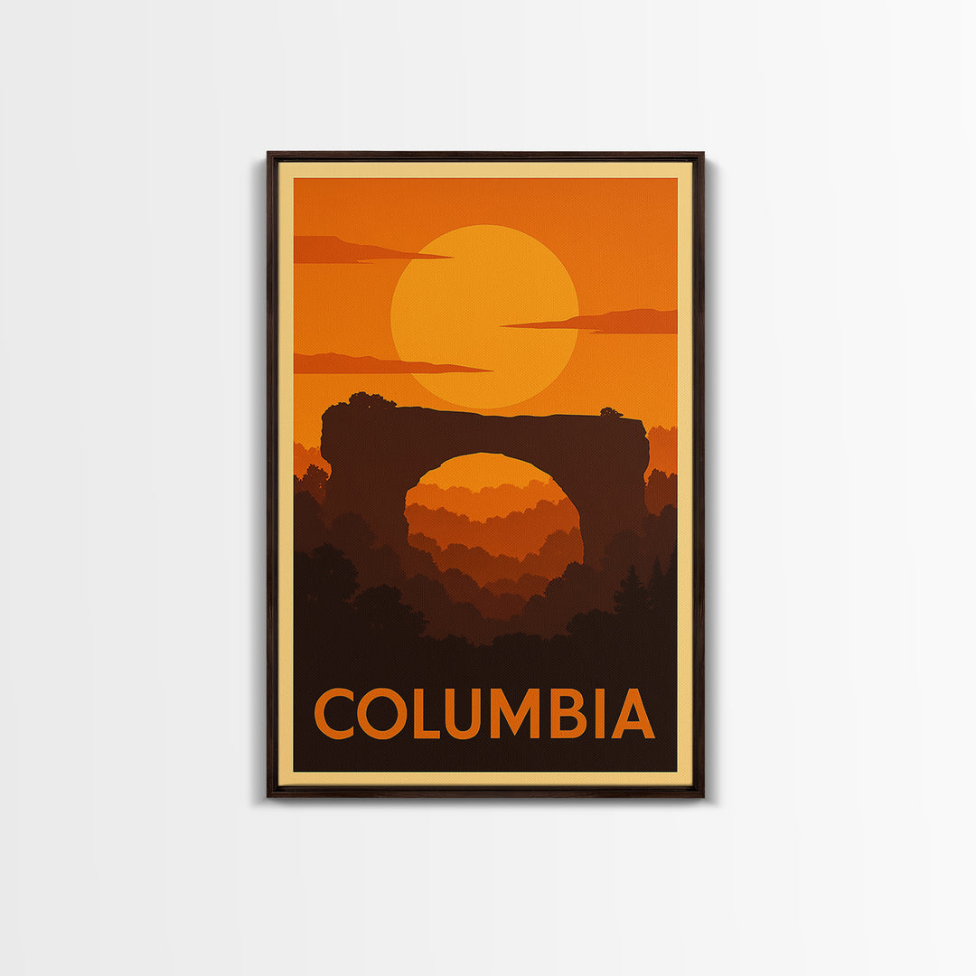 Columbia Travel Poster, Canvas Print, Warm Sunset Silhouette Art, Columbia City Art, Retro Travel Print, Eclectic Wall Decor, Wall Art
