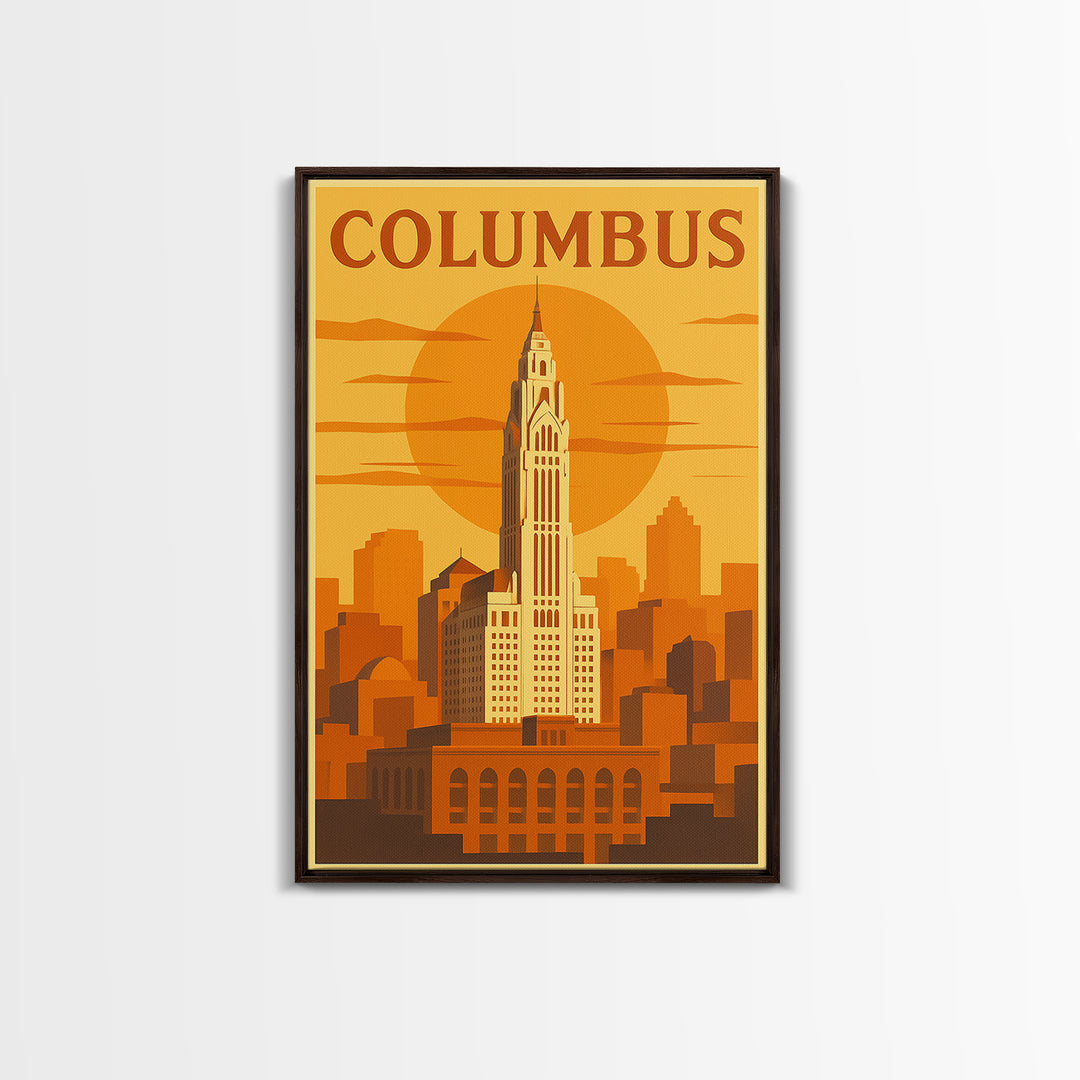 Columbus Travel Poster, Framed Canvas Print, Golden Travel Poster Art, Columbus Travel Art, Wanderlust Decor, City Illustration