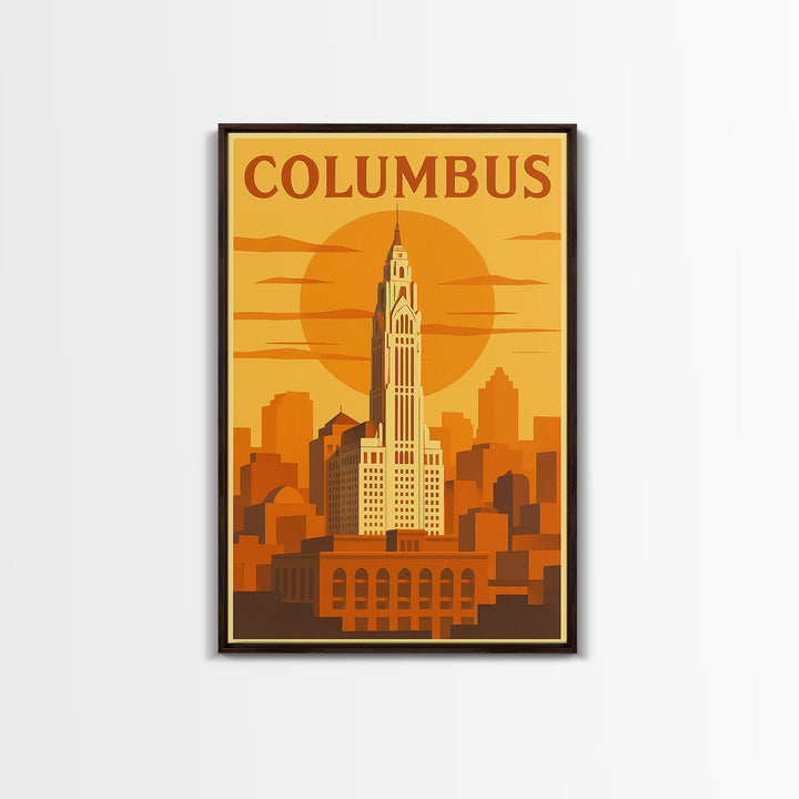 Columbus Travel Poster, Framed Canvas Print, Golden Travel Poster Art, Columbus Travel Art, Wanderlust Decor, City Illustration