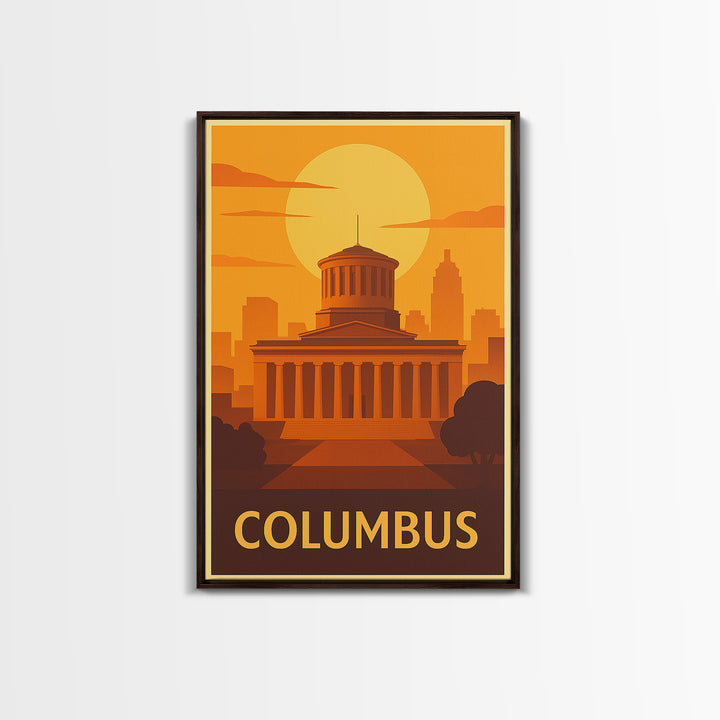 Columbus Travel Poster, Framed Canvas Print, Warm Sunset Silhouette Art, Columbus City Art, Living Room Wall Art, Travel Poster Set
