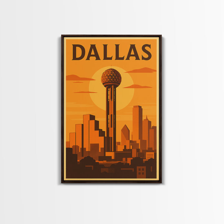 Dallas Texas Travel Poster, Canvas Print, Golden Poster Art, Dallas Wall Art, City Illustration, Mid Century Wall Art, Vintage Travel Art