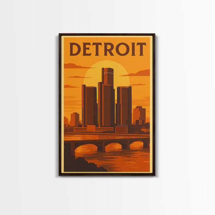 Detroit Michigan Travel Poster, Canvas Print, Warm Sunset Silhouette Art, Detroit Wall Art, City Illustration, Wanderlust Decor, Wall Art