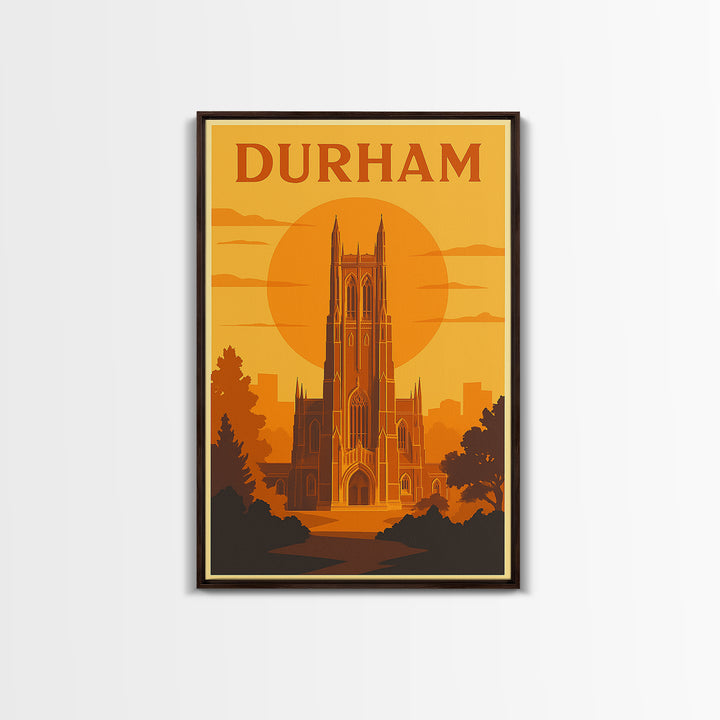 Durham North Carolina Travel Poster, Canvas Print, Warm Sunset Silhouette Art, Durham Wall Art, Vintage City Art, Travel Wall Art