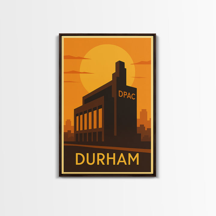Durham Travel Poster, Framed Canvas Print, Warm Sunset Silhouette Art, Durham Art Print, Retro Travel Print, Vintage Travel Print