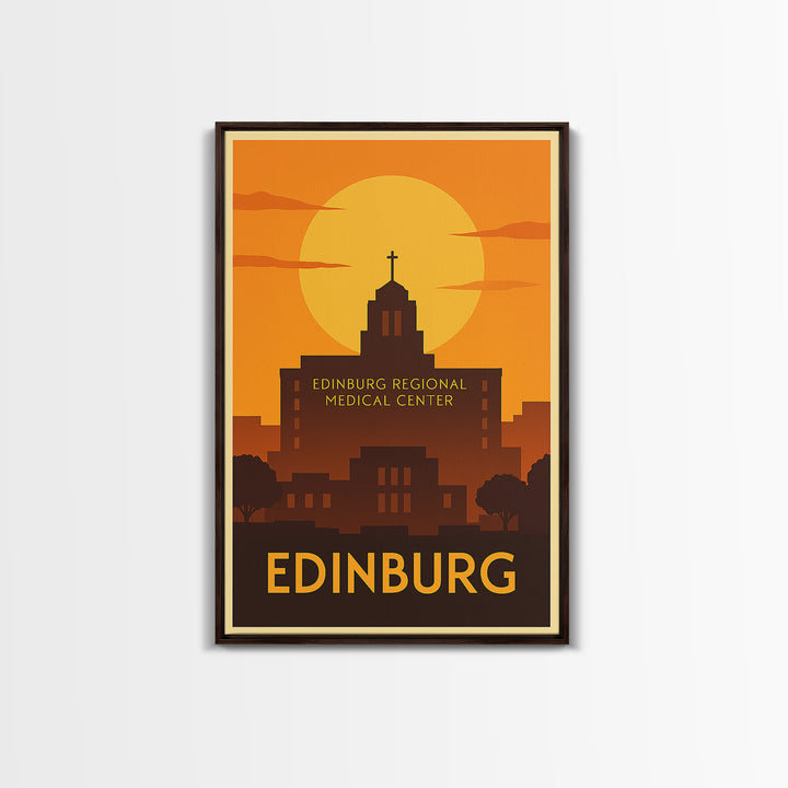 Edinburg Travel Poster, Framed Canvas Print, Golden Travel Poster Art, Edinburg Travel Art, Vintage City Art, City Illustration