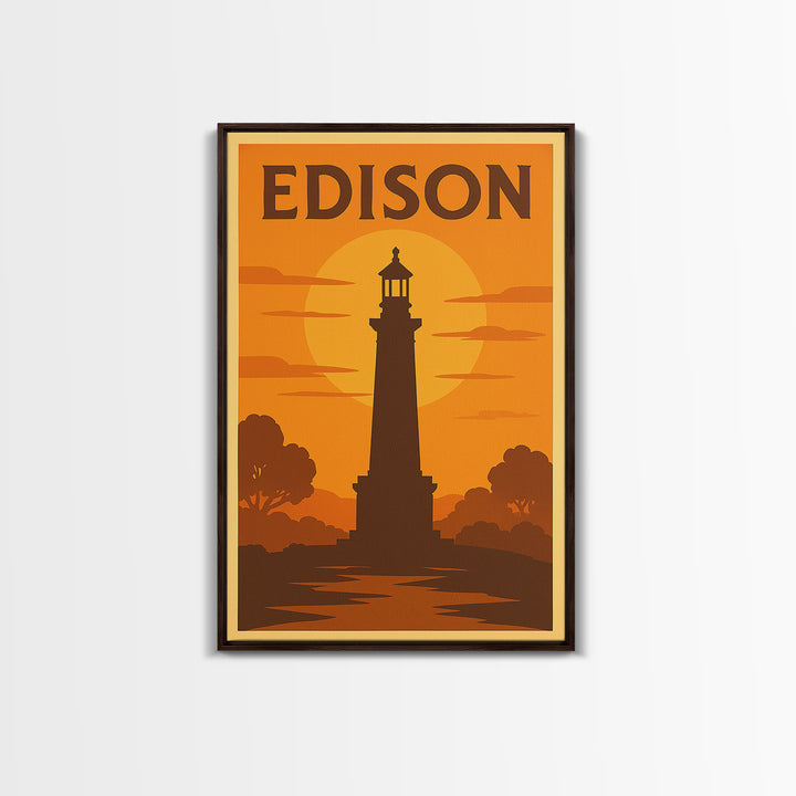 Edison New Jersey Travel Poster, Framed Canvas Print, Warm Sunset Silhouette Art, Edison Art Print, Home Office Decor, Modern Wall Decor