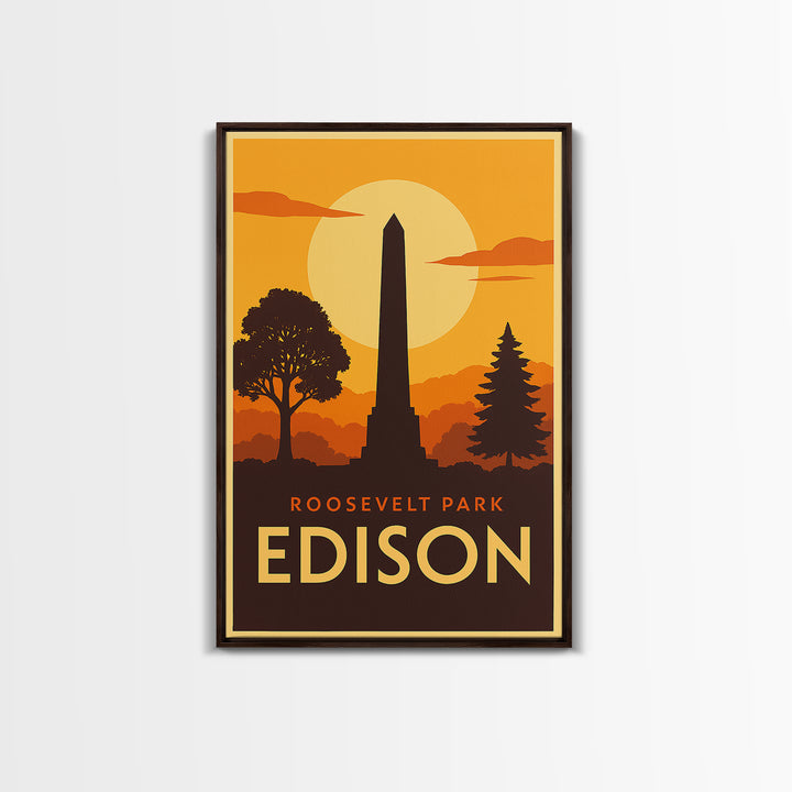 Edison Travel Poster, Canvas Print, Warm Sunset Silhouette Art, Edison Travel Art, Vintage City Poster, Mid Century Wall Art, Art Print