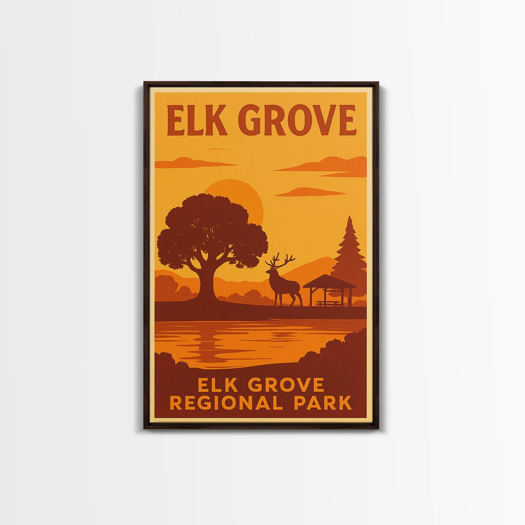 Elk Grove California Travel Poster, Framed Canvas Print, Warm Sunset Silhouette Art, Elk Grove Art Print, City Art Print, City Illustration