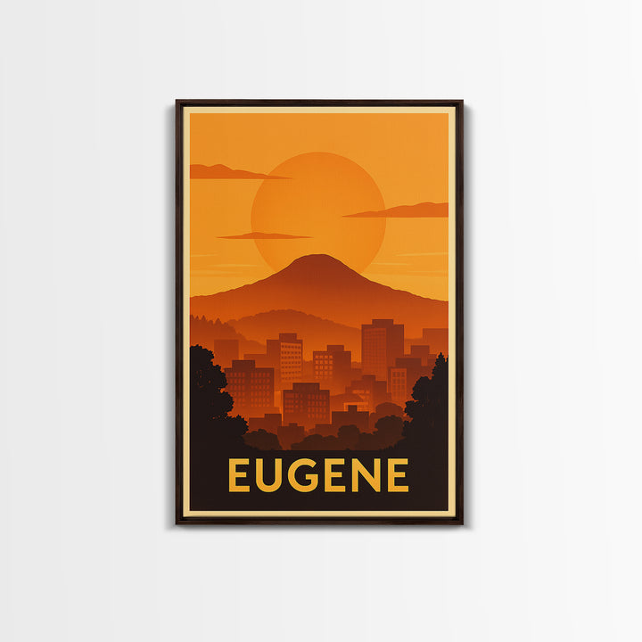 Eugene Travel Poster, Canvas Print, Warm Sunset Silhouette Art, Eugene Wall Art, Living Room Wall Art, City Art Print, Vintage City Poster