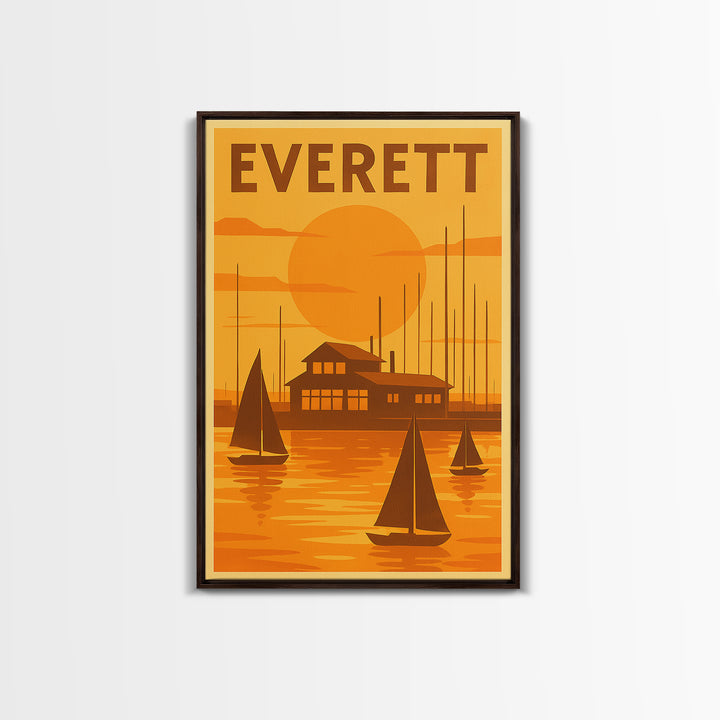 Everett Washington Travel Poster, Canvas Print, Warm Sunset Silhouette Art, Everett Poster Print, Travel Art Print, Vintage City Poster