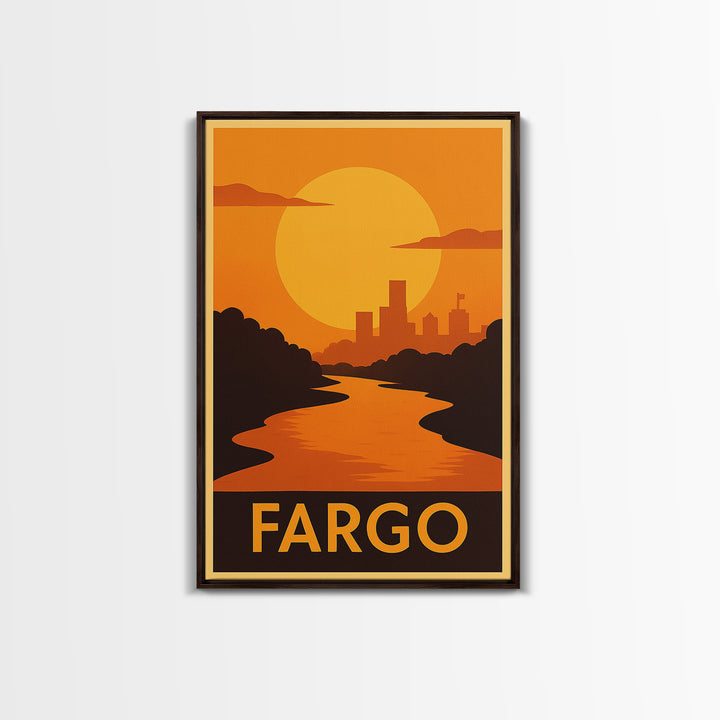 Fargo Travel Poster, Framed Canvas Print, Golden Travel Poster Art, Fargo Travel Art, Mid Century Wall Art, Travel Poster Art, Design 2