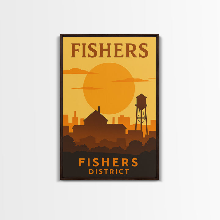 Fishers Indiana Travel Poster, Canvas Print, Gold Art Deco Poster Art, Fishers Wall Art, Travel Poster Set, Watercolor Downtown Skyline