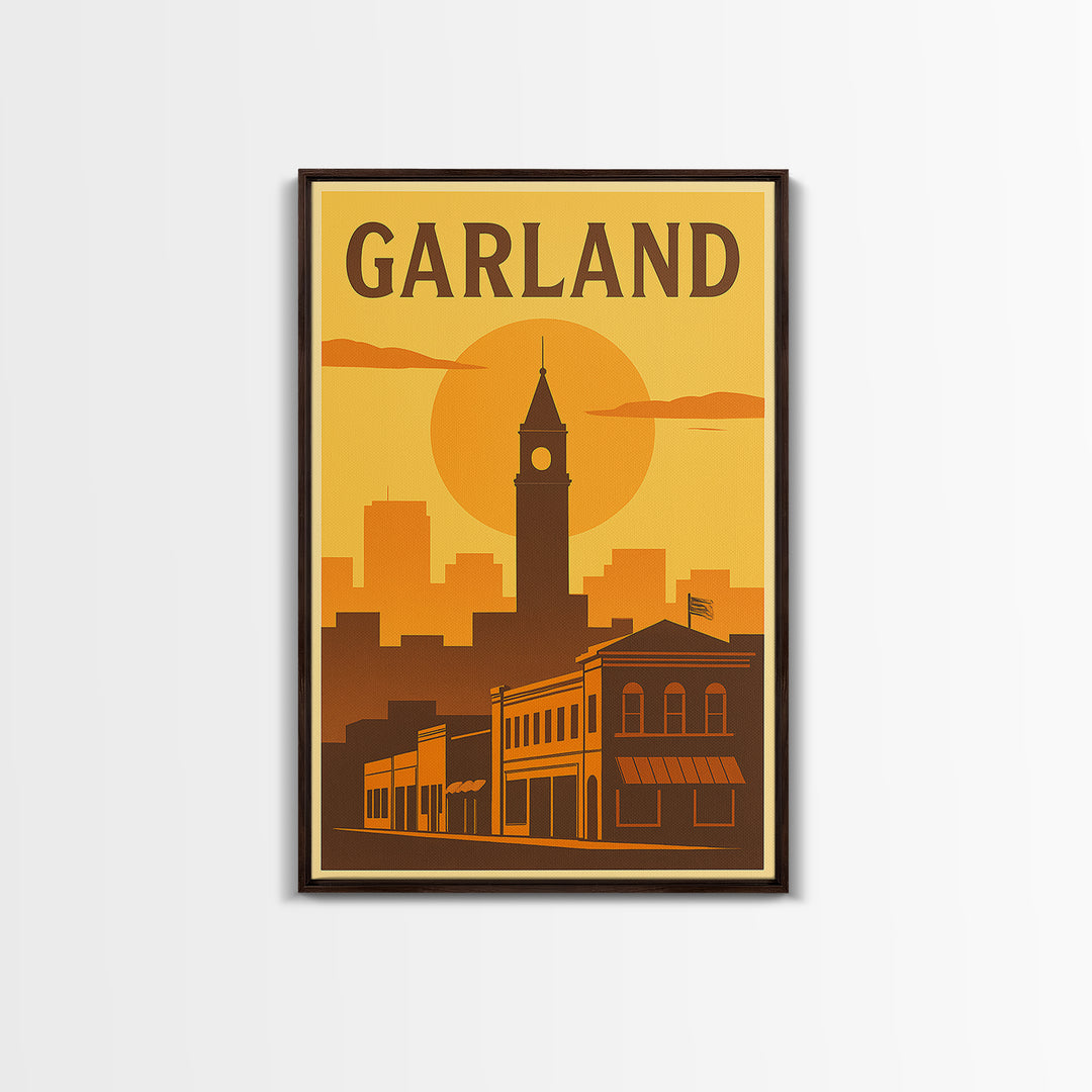 Garland Texas Travel Poster, Framed Canvas Print, Golden Travel Poster Art, Garland Art Print, Eclectic Wall Decor, Gift For Travelers