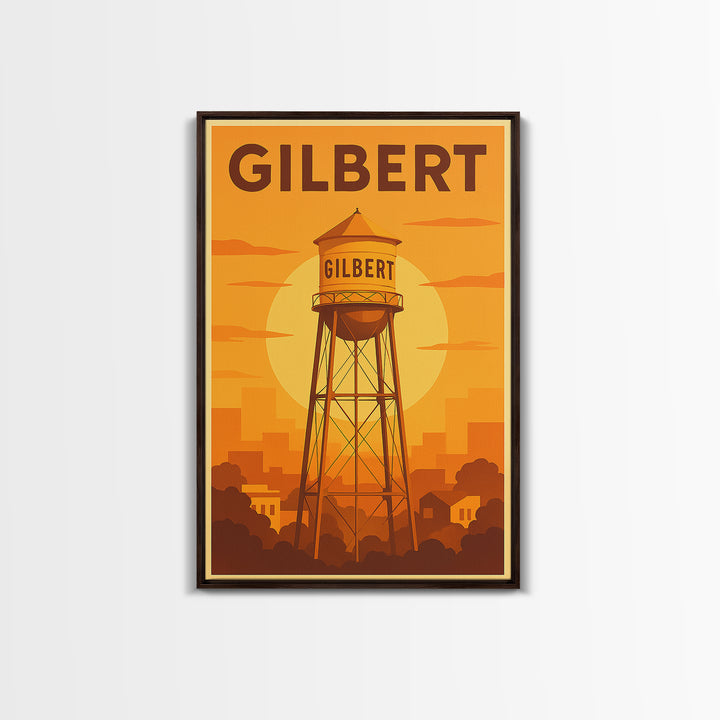 Gilbert Arizona Travel Poster, Canvas Print, Gold Art Deco Poster Art, Gilbert Art Print, Watercolor Skyline, Travel Wall Art, Art Print