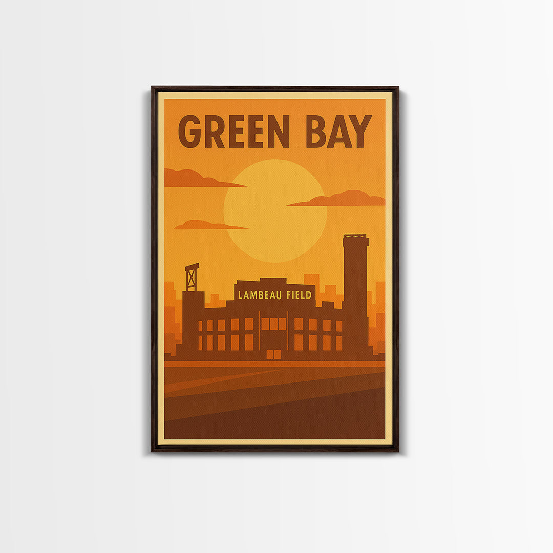 Green Bay Wisconsin Travel Poster, Framed Canvas Print, Vintage Deco Wall Art, Green Bay Wall Art, Gift For Travelers, City Illustration