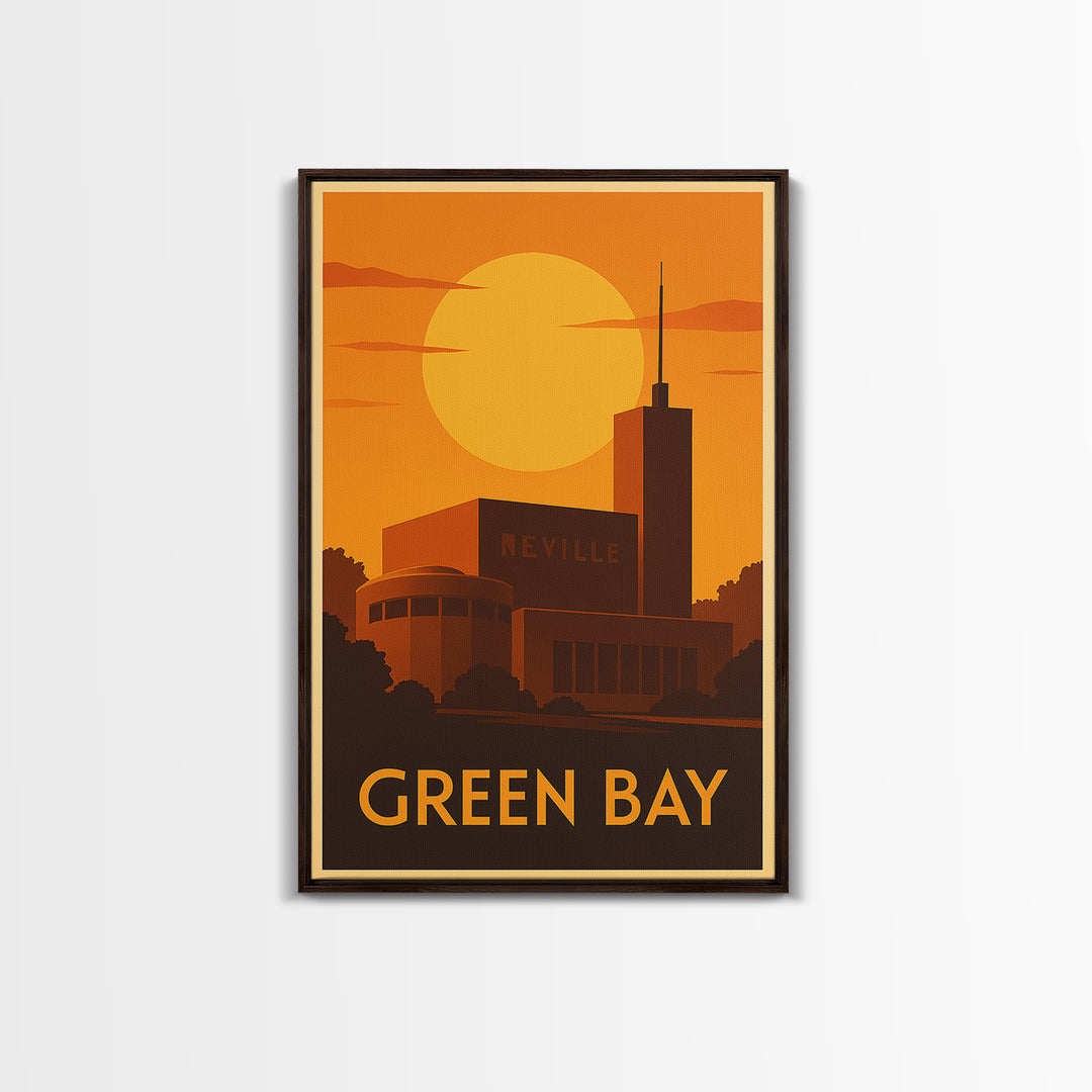 Green Bay Travel Poster, Canvas Print, Warm Sunset Silhouette Art, Green Bay Travel Art, Retro Travel Print, City Illustration