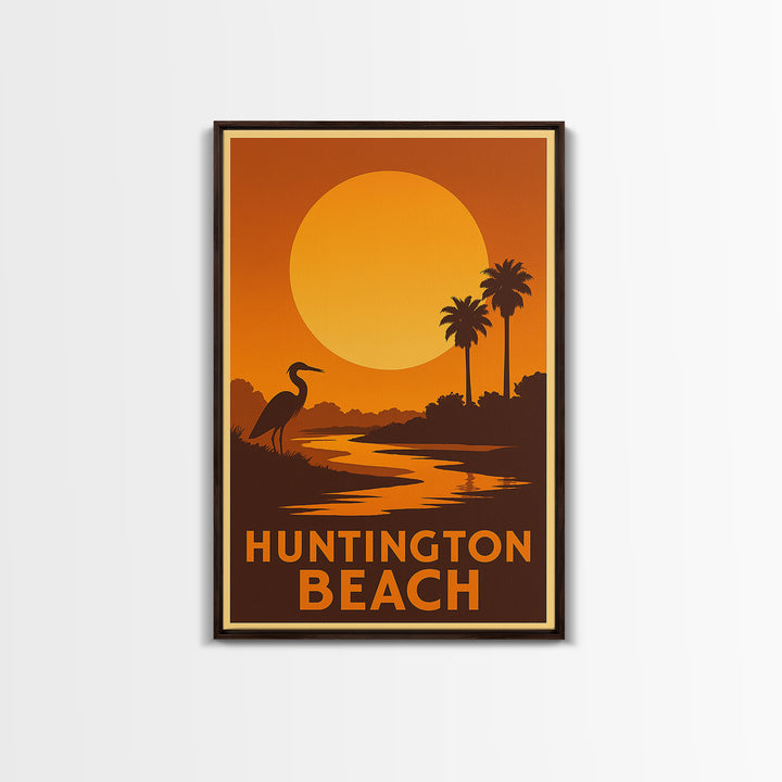 Huntington Beach Travel Poster, Framed Canvas Print, Golden Travel Poster Art, Huntington Beach Travel Art, Travel Poster Art, Design 2