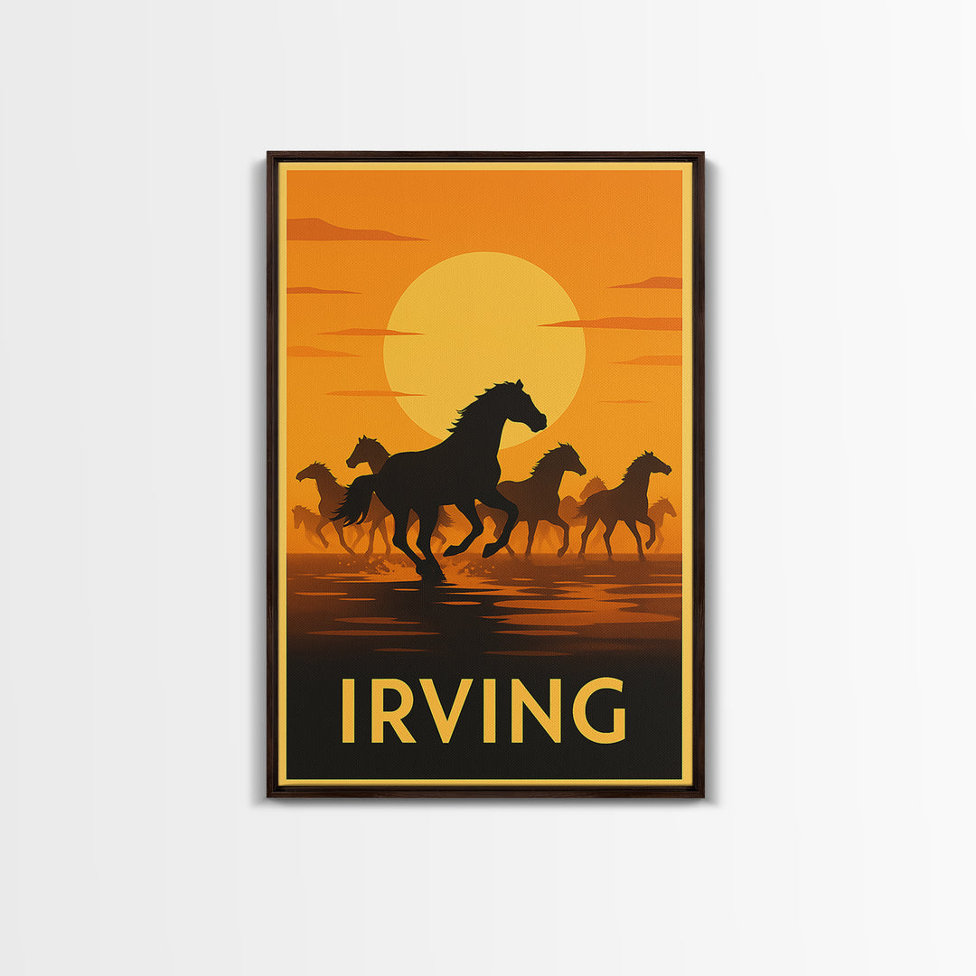 Irving Travel Poster, Framed Canvas Print, Warm Sunset Silhouette Art, Irving City Art, Living Room Wall Art, Wanderlust Decor