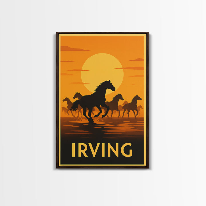 Irving Travel Poster, Framed Canvas Print, Warm Sunset Silhouette Art, Irving City Art, Living Room Wall Art, Wanderlust Decor
