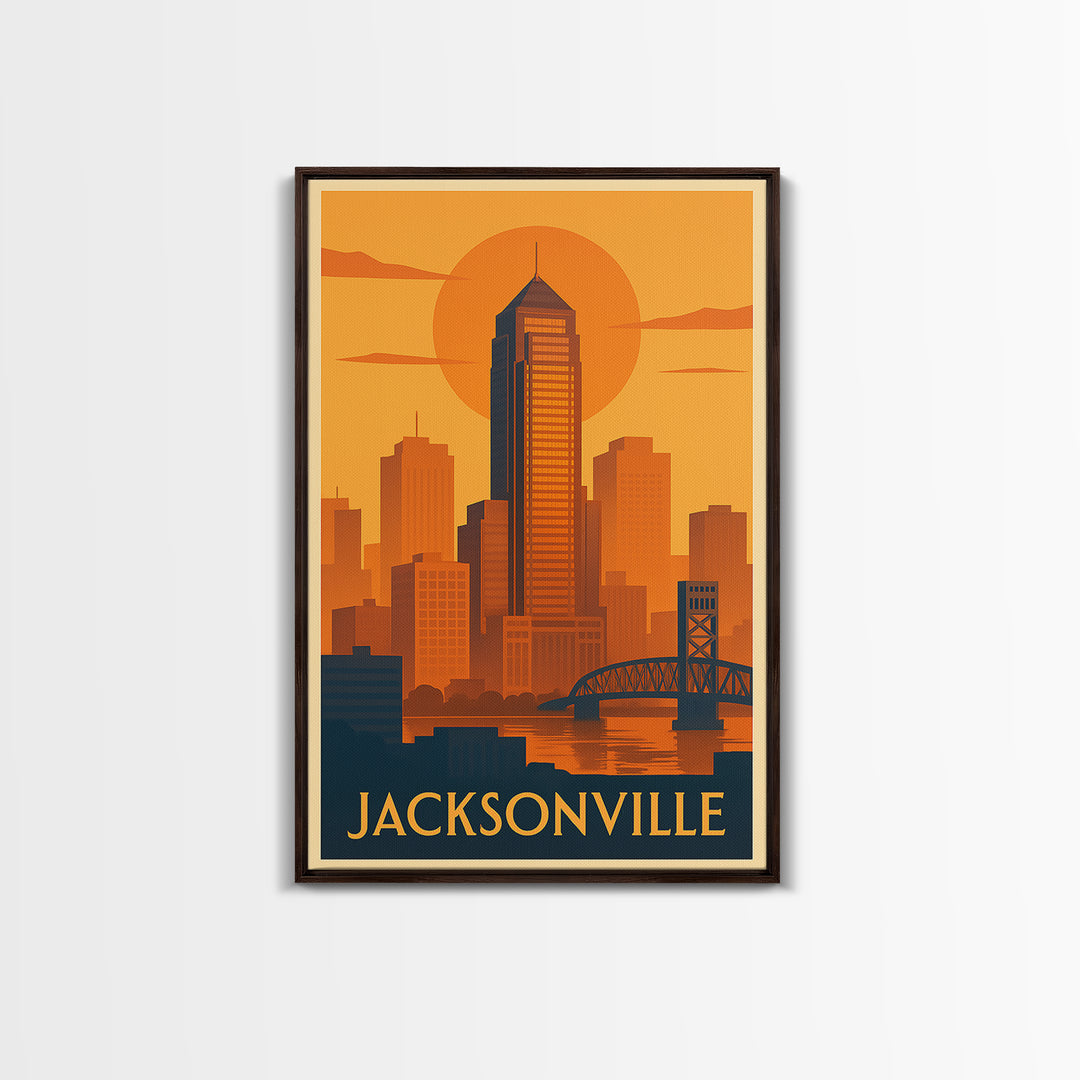 Jacksonville Travel Poster, Framed Canvas Print, Gold Art Deco Poster Art, Jacksonville City Art, City Art Print, Modern Wall Decor