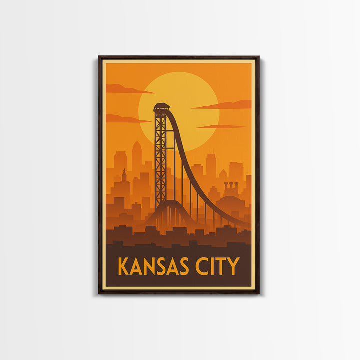 Kansas City Travel Poster, Framed Canvas Print, Gold Art Deco Poster Art, Kansas City Travel Art, Watercolor Urban Skyline, Travel Art Print