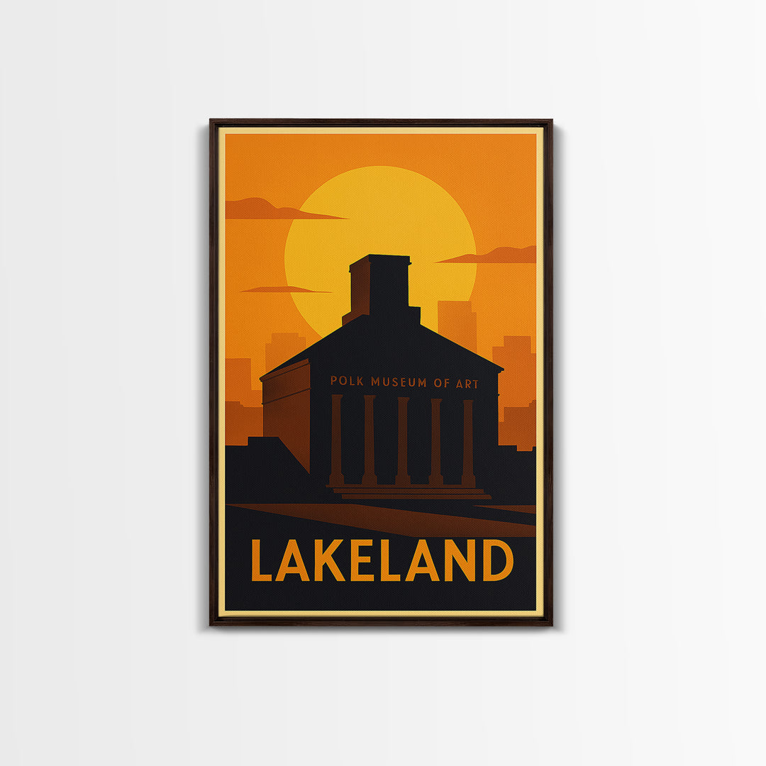 Lakeland Travel Poster, Canvas Print, Warm Sunset Silhouette Art, Lakeland Art Print, Living Room Wall Art, Mid Century Wall Art