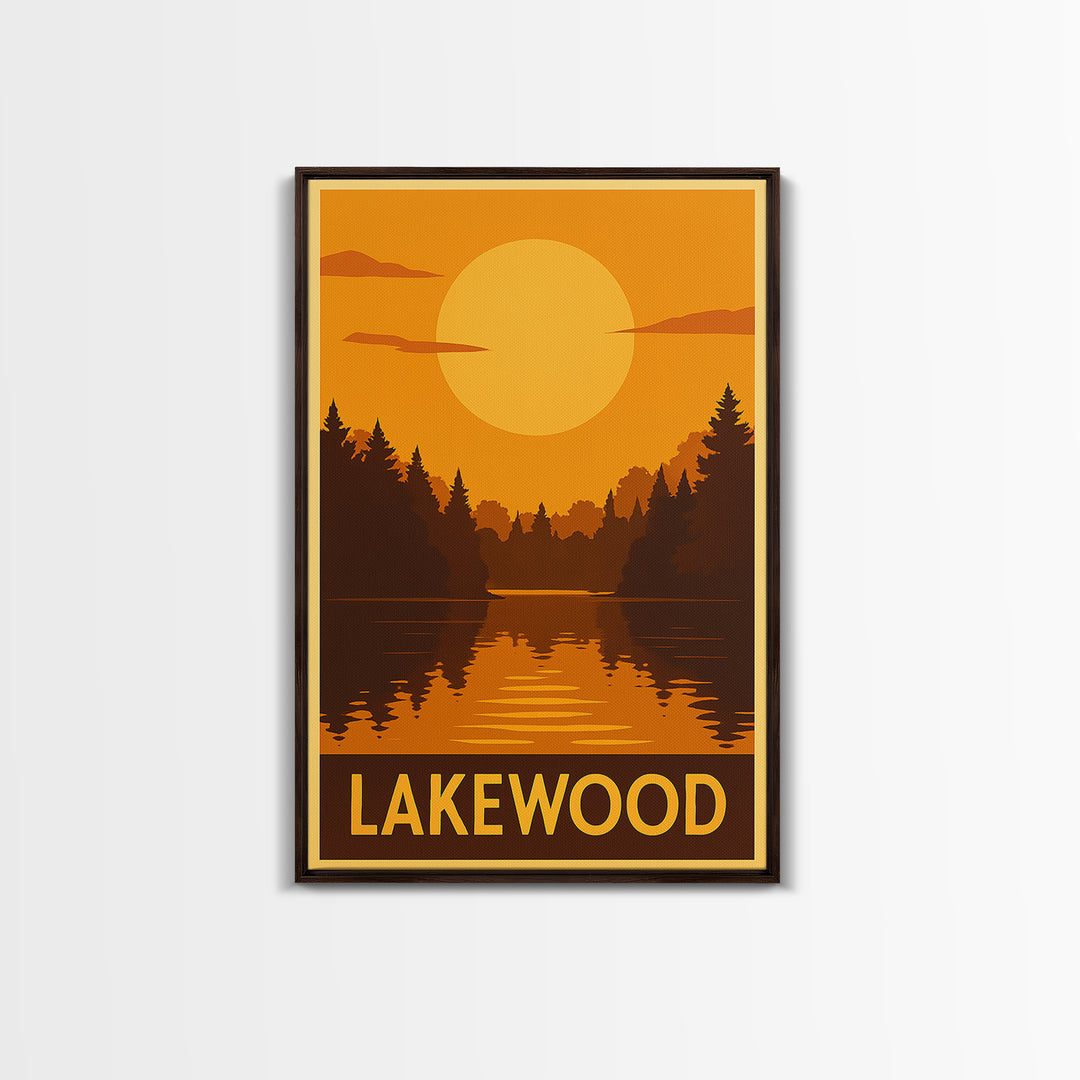 Lakewood Travel Poster, Framed Canvas Print, Golden Travel Poster Art, Lakewood City Art, Living Room Wall Art, City Illustration