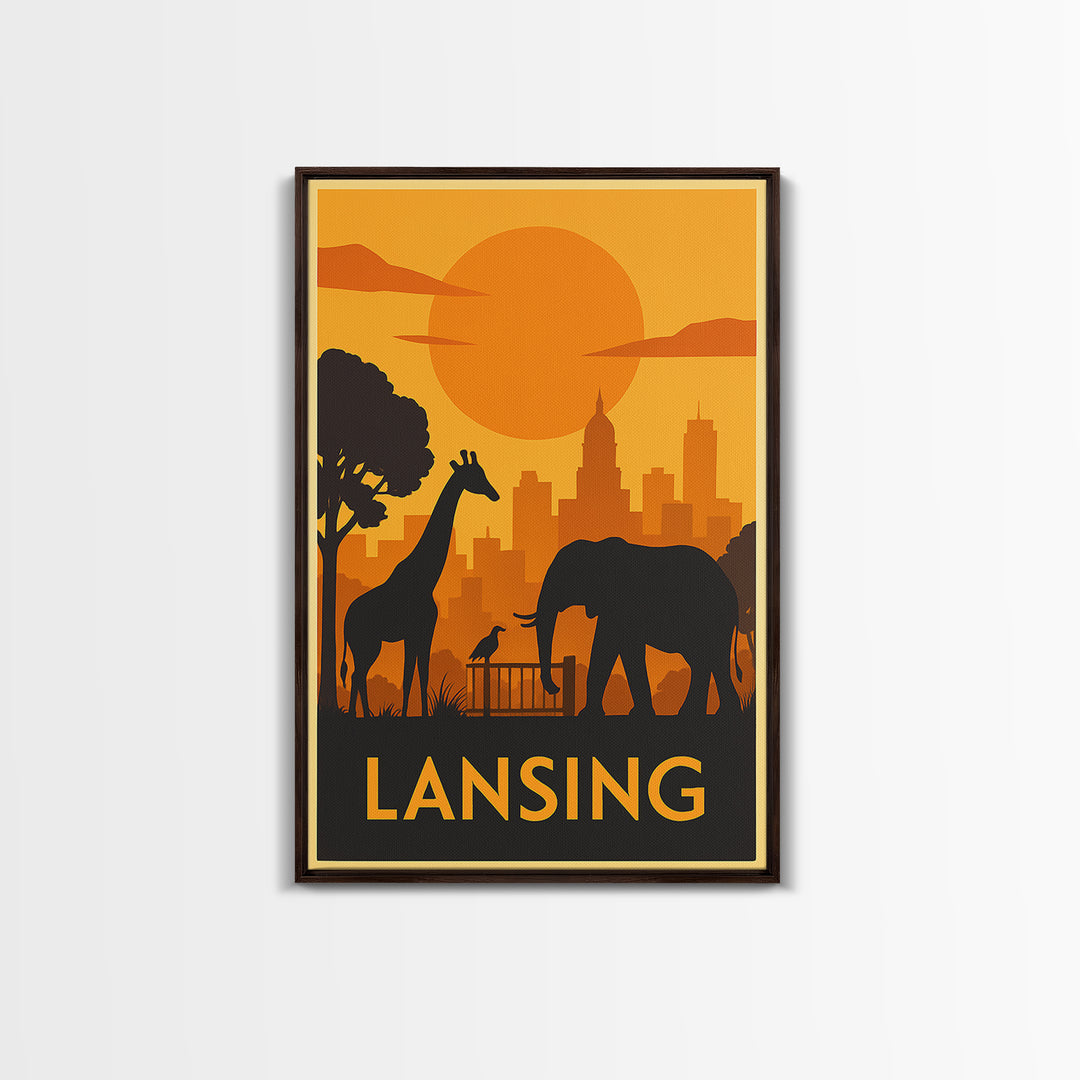 Lansing Travel Poster, Framed Canvas Print, Golden Travel Poster Art, Lansing City Art, Wanderlust Decor, Living Room Wall Art