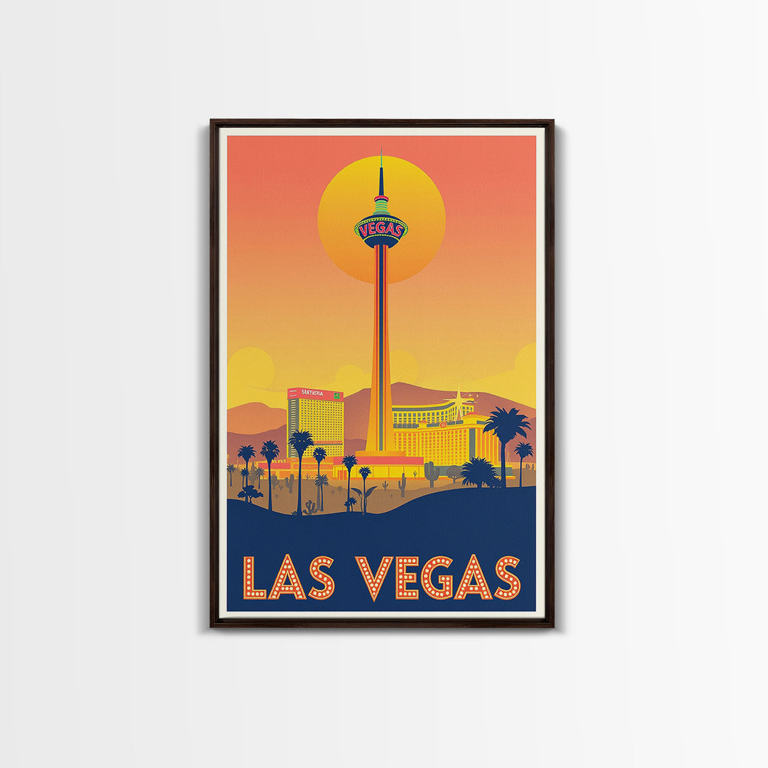 Las Vegas Travel Poster, Framed Canvas Print, Golden Travel Poster Art, Las Vegas City Art, Retro Travel Print, Gift For Travelers