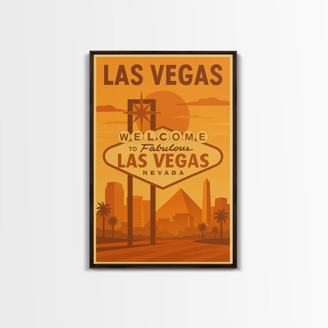 Las Vegas Travel Poster, Framed Canvas Print, Golden Travel Poster Art, Las Vegas Art Print, Modern Wall Decor, Mid Century Wall Art